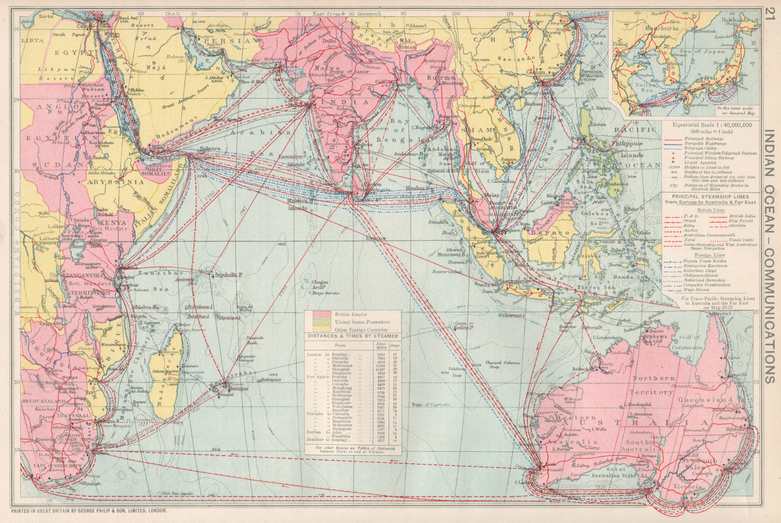 Indian Ocean Communications. Sea routes. Steamship lines/companies 1925 map